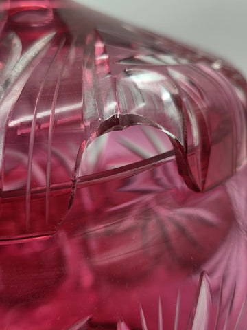 Rare 1940's Vtg Bohemian Cranberry Cut to Clear Crystal Punch Bowl Set w/13 Cups