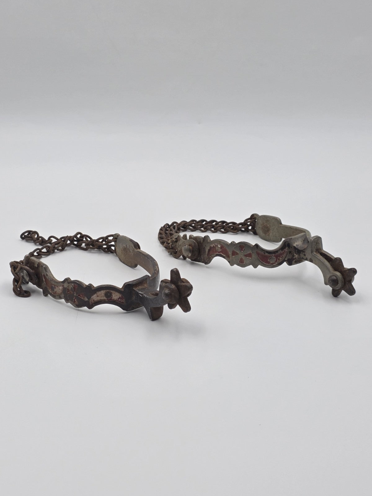 Antique Western Cowboy Spurs Pair Hand Engraved Red Inlay Steel w/ Chains