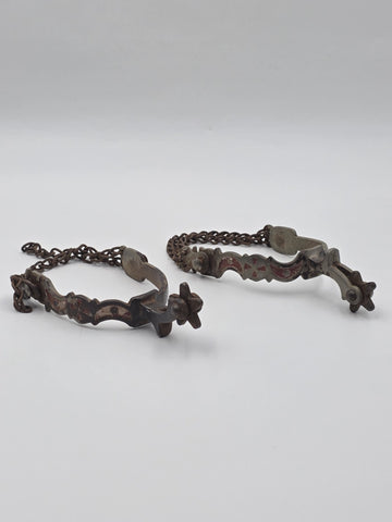 Antique Western Cowboy Spurs Pair Hand Engraved Red Inlay Steel w/ Chains