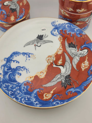 Set 4 Plates & 2 Lidded Jars Takahashi Japan Kutani Style Crane &Wave Porcelain