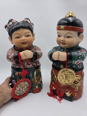 XL 15 inch Vintage Chinese Boy & Girl Prosperity Figurines Pair Good Luck Wealth