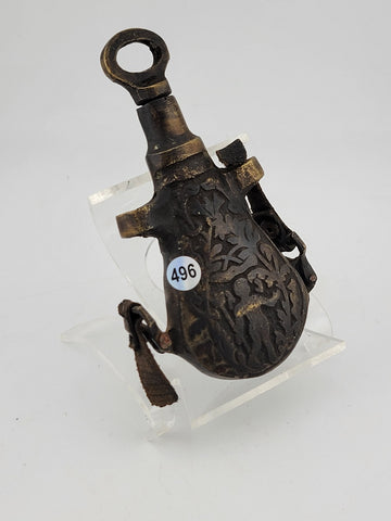 Rare 17-18th Century Heavy Bronze Powder Flask With Original Plug & Ring Hooks