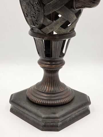 Antique Heavy Bronze Neoclassical Urn Ram Head Handles Pierced Vase Empire Style