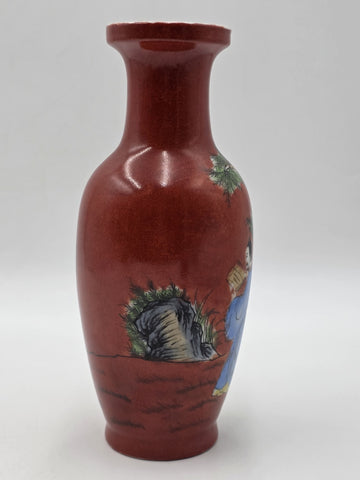 Antique Chinese Republic Famille Rose Coral Red Scholar Vase Qianlong Mark 10"