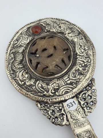 Rare Antique Chinese Ornate Jade and Silver  Carved Dragon Hand Mirror