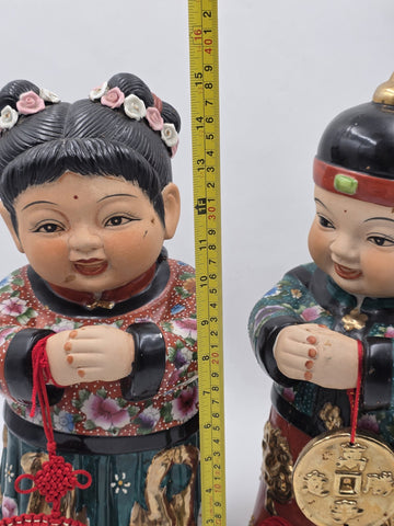 XL 15 inch Vintage Chinese Boy & Girl Prosperity Figurines Pair Good Luck Wealth