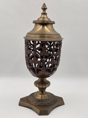 Rare Antique Solid Brass/Cast Iron Two-Tone Lidded Filigree Cut Decorative Urn