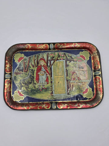 Rare Antique 1900's Collectible Tin German Red Riding Hood Serving Tray. 13 In