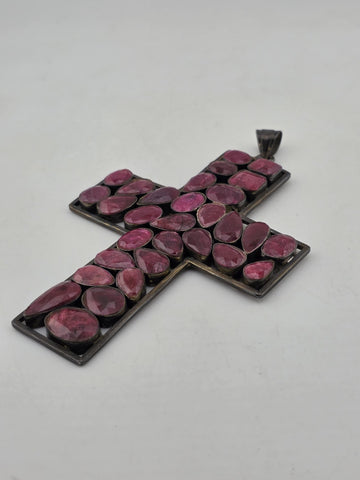 Antique Very Large Sterling Silver Garnet Cross Pendant W Purple Agate Stone.