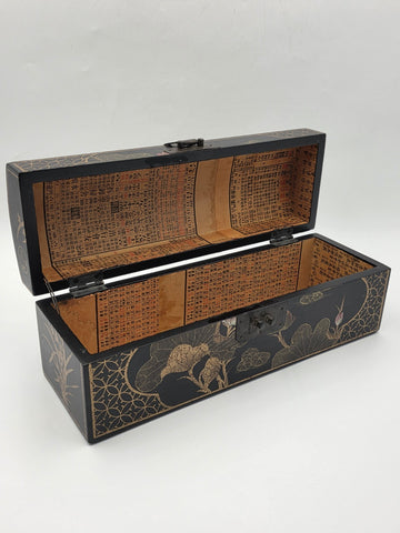 Rare Vintage Chinese Lacquer Scroll Box Gold Gilt Floral Birds Document Case