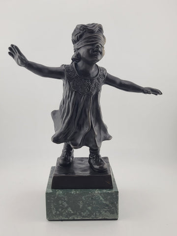 Giuseppe Ferrari, Italian(1840-1905) “Blindfold Girl” Bronze Sculpture on Marble