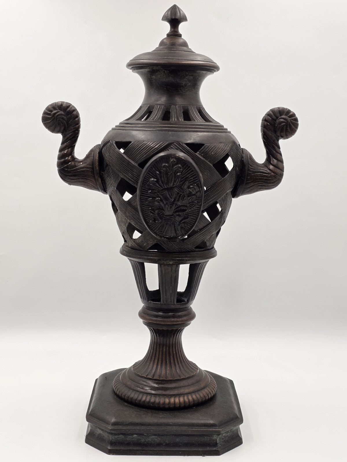 Antique Heavy Bronze Neoclassical Urn Ram Head Handles Pierced Vase Empire Style
