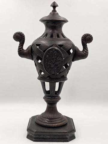 Antique Heavy Bronze Neoclassical Urn Ram Head Handles Pierced Vase Empire Style