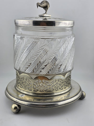 Rare 1880s Antique Hukin & Heath Biscuit Jar Cut glass & Silverplate W Kiwi Bird