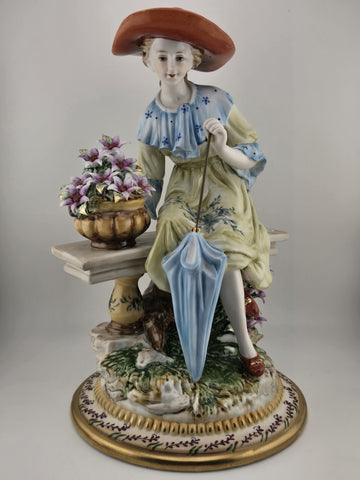 Vintage Dresden RK Germany Large Porcelain Figurine Lady W Parasol Flowers 12”