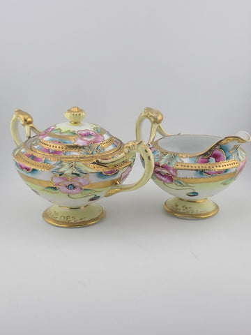 1920's Antique Nippon Hand Painted Sugar & Creamer Set Raised Gold Art Nouveau