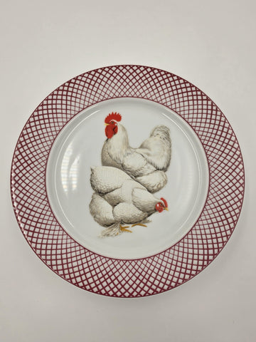 Set of 4 Devonshire Haldon Dinner Plates White Black Rooster Hen Red Lattice.