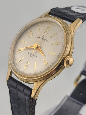 Helbros "Invincible" 34mm Beige Dial Gold Plated Manual Wind Men Watch. Working.