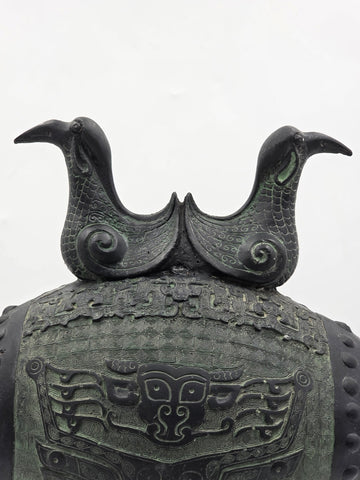 Antique Old China Bronze Ware Dynasty Dragon Head Kneel People Drum Statue 15 in