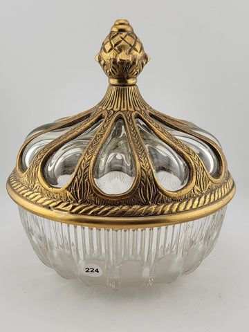 Antique Hand Blown Bubble Glass & Brass Lidded Bowl Container. Read Description.