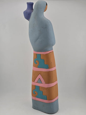 Vintage Handmade Painted Clay Indeginous Pottery Woman Holding Pot 15" High