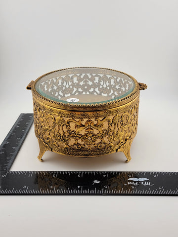Vintage 1950s Hollywood Regency Ormolu Jewelry Casket Beveled Glass Filigree Box
