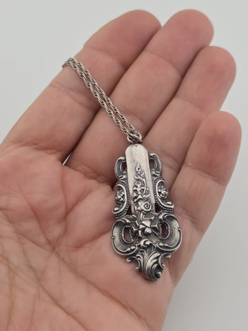 Vintage Sterling Silver Floral Scrollwork Flatware Handle Pendant Necklace 15.8g