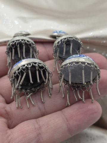 Rare Antique Hand Painted Filigree Silver Lantern Chandelier Dangling Earrings.