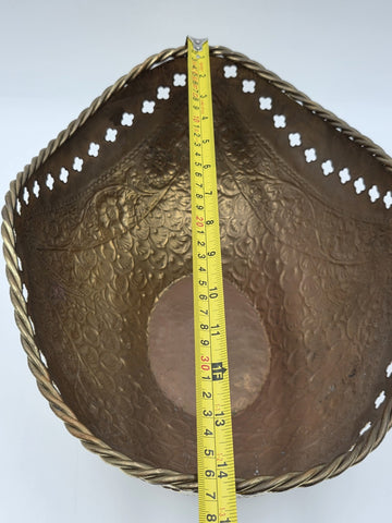 Large Antique Hand Hammered Brass Pierced Floral Bowl Jardiniere Rope Rim
