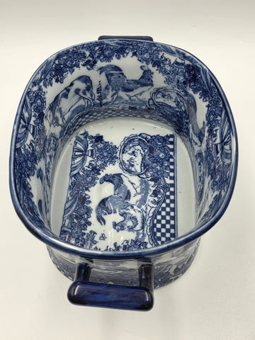 Pair XL Blue White Transferware Cachepot Jardiniere Planters Farm Animal Decor