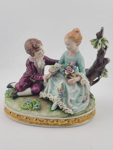 Antique Capodimonte Boy and Girl Porcelain Figurine Romantic Scene W 5”