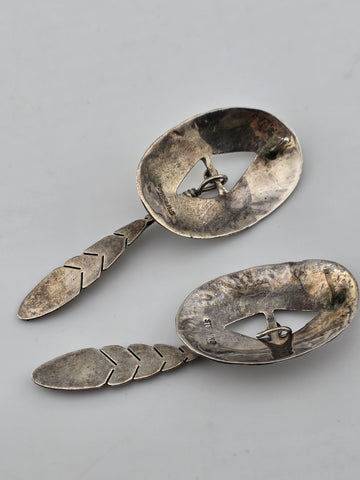 Antique Native American 925 Sterling Silver Earrings Concho Feather Dangle