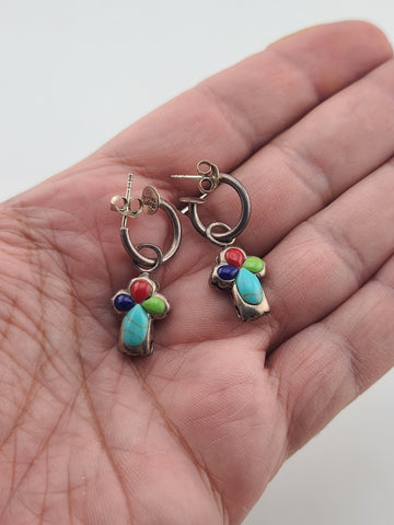 Rare OOAK Sterling Silver Southwestern Inlay Cross Dangle Hoop Earrings 925