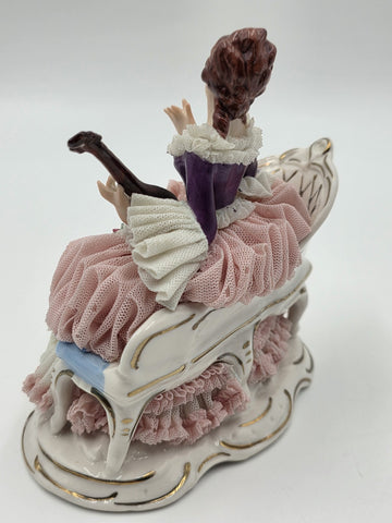 Vintage Dresden Art Germany Lace Porcelain Lady Musician Figurine Bird Bench
