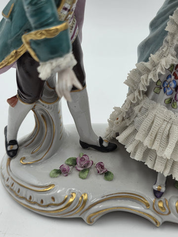 Vintage German Dresden Lace Porcelain Courting Couple Figurine Hand Painted 7.5"