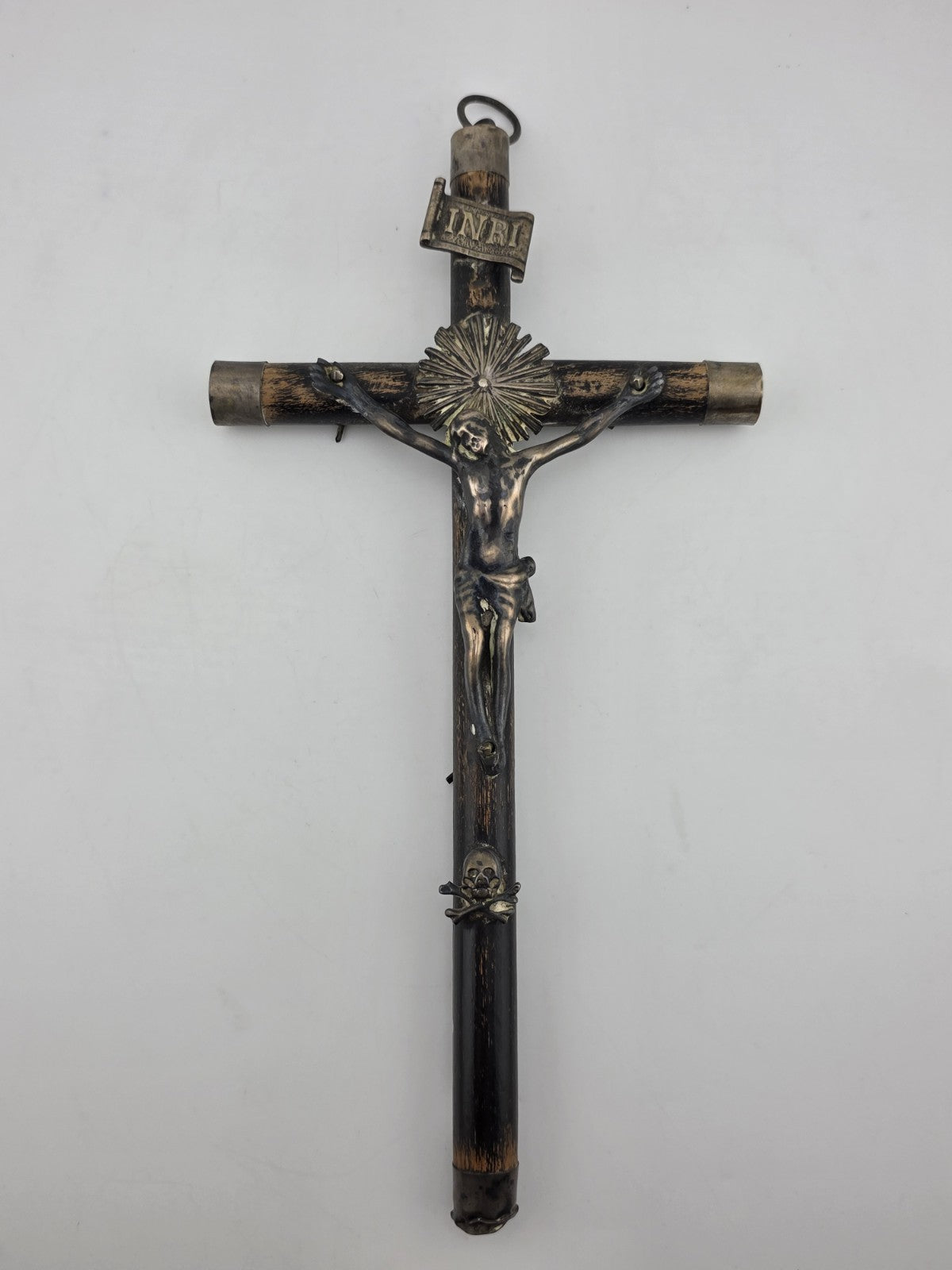 Antique 19th C Crucifix Metal Jesus On Wood Cross W Rare Tips Memento Mori Skull