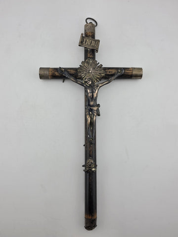 Antique 19th C Crucifix Metal Jesus On Wood Cross W Rare Tips Memento Mori Skull
