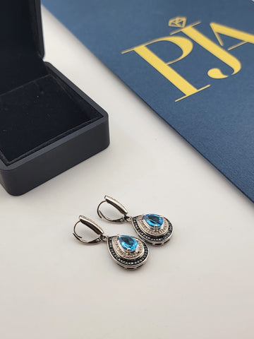 Gorgeous Set Of Natural Blue Topaz & Natural Cut Diamonds Earings W Certificate