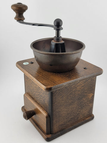 Rare DE Vintage European Manual Solid Wood Cast Iron Coffee Grinder With Drawer.