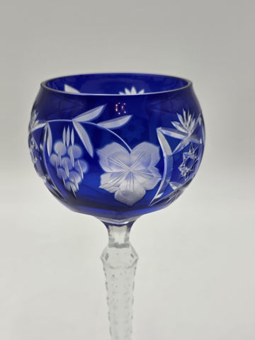 Nachtmann Saphire Blue Lead Crystal Wine Glass Grapes Floral Cut 8.5" Stemware