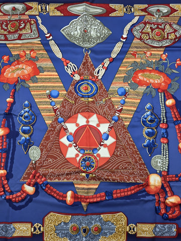 Hermès Silk Scarf 90 “Tibet” Cathy Latham Blue Red Gold Tibetan Jewelry Motif