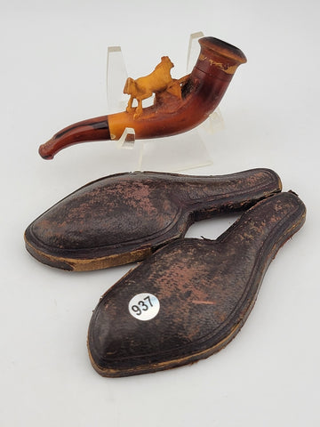 Antique 19th C ECHT German Meerschaum & Amber Pipe Horse Theme W Original Case.