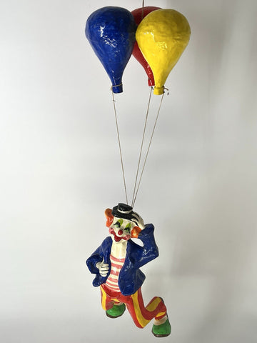 Vintage Unbranded Paper Mache Hanging Circus Clown w/ 3 Balloons