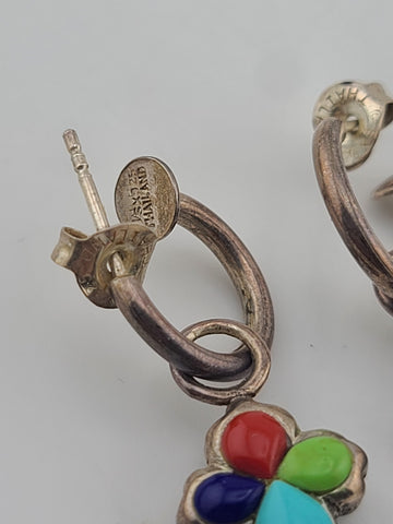 Rare OOAK Sterling Silver Southwestern Inlay Cross Dangle Hoop Earrings 925