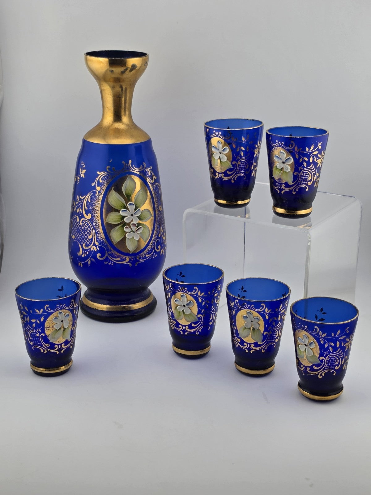 Antique Set Of 1900s Blue Glass Gold Flower Petal Leaf Decanter Mini Glasses.