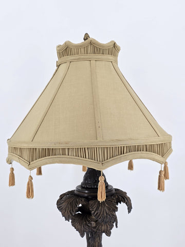 Antique Bronze Table Lamp with Palm Tree & Monkey, Beige Silk & Pleated Shade,