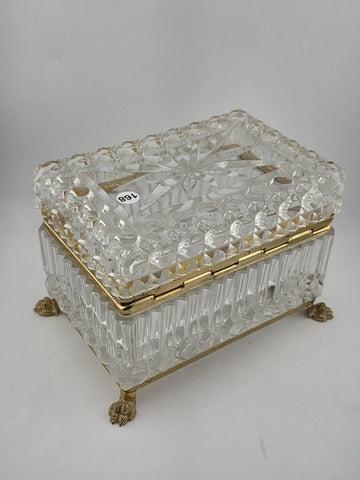 French Baccarat Style Jewelry Casket Footed Box Heavy Crystal Glass Hinged Lid