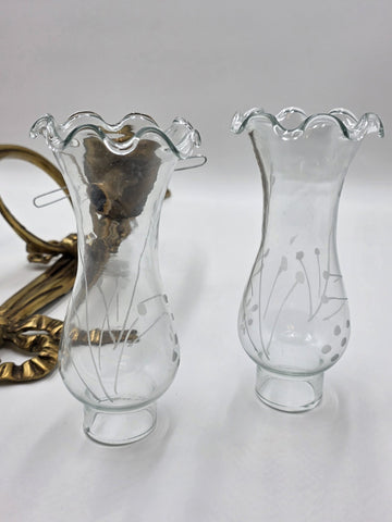 Pair Vintage Louis XVI Style French Ormolu Brass Wall Sconces w/ Etched Glass.