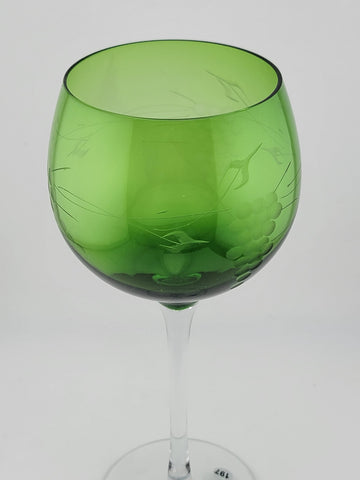 Vintage Emerald Green Etched Grape Design Goblet. 8.5 Inch.