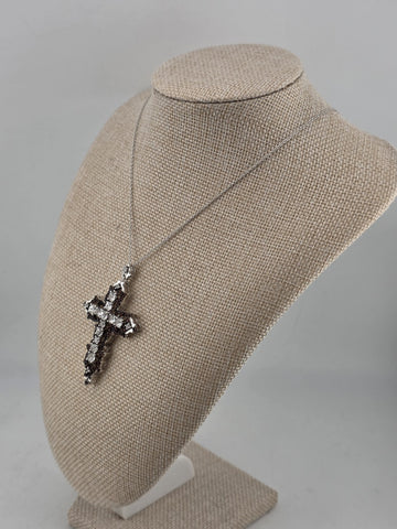 Vintage Sterling Silver 925 Cross Pendant Red Clear CZ Ornate Gothic Necklace